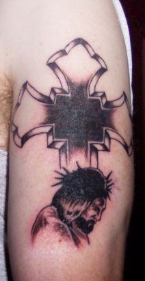 Cross And Jesus Arm Tats Design